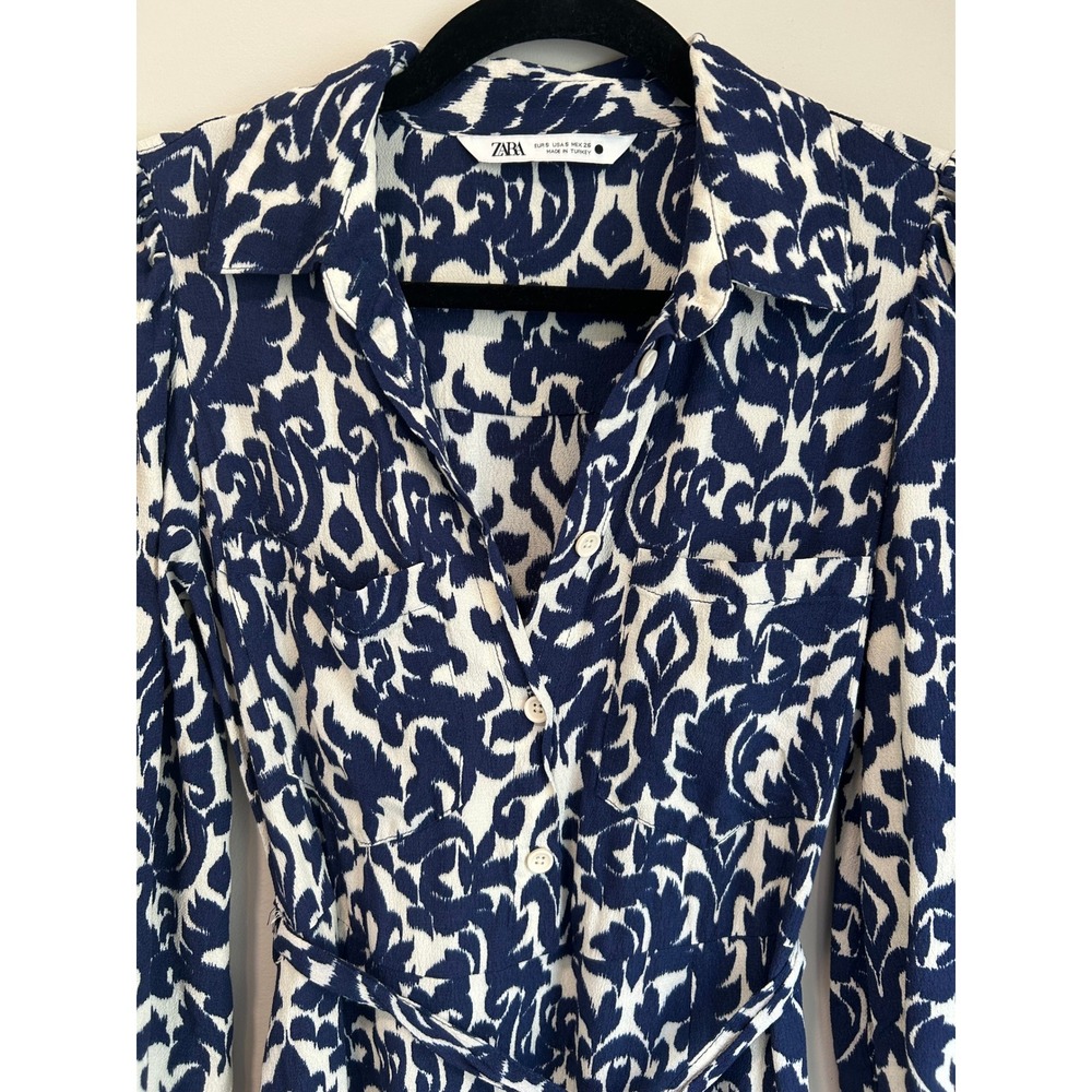 Zara Blue White Damask Printed Midi Maxi Shirt Dress Small Tie Waist Boho Resort - Picture 3 of 8